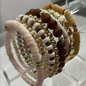 Gold Brown White Earth Tone Beaded Bracelet Set 8 pcs New